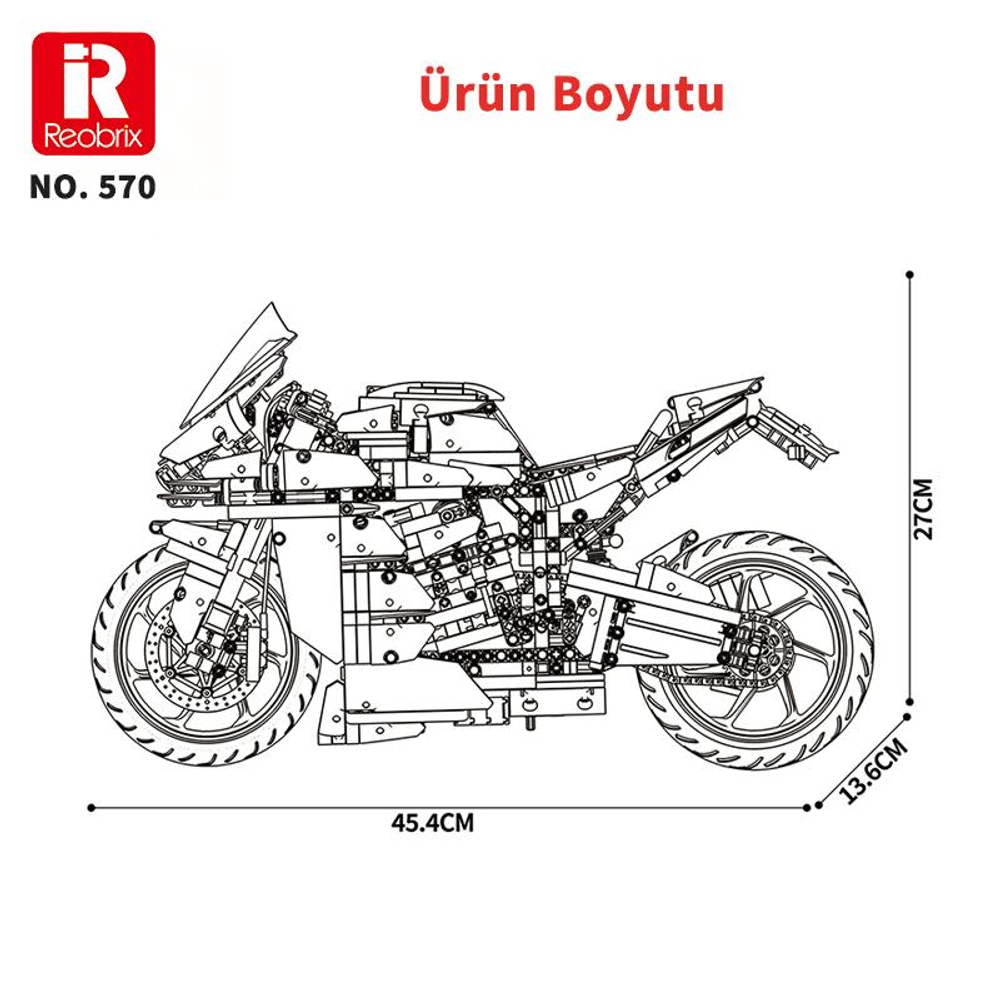 Motosiklet modelinin teknik çizimi boyutlarıyla: 45,4 cm uzunluk, 27 cm yükseklik, 13,6 cm genişlik.