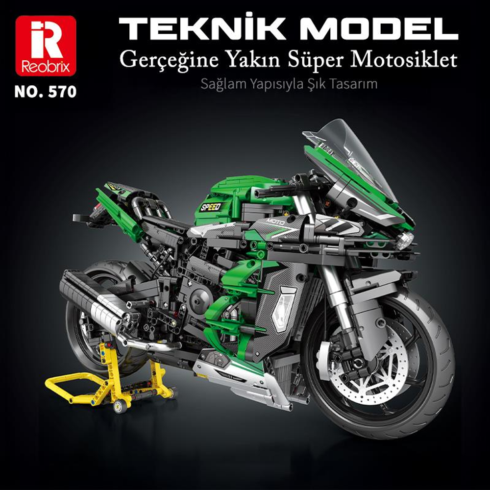 Ayakta duran yeşil ve gümüş Lego motosiklet modeli, metinli.