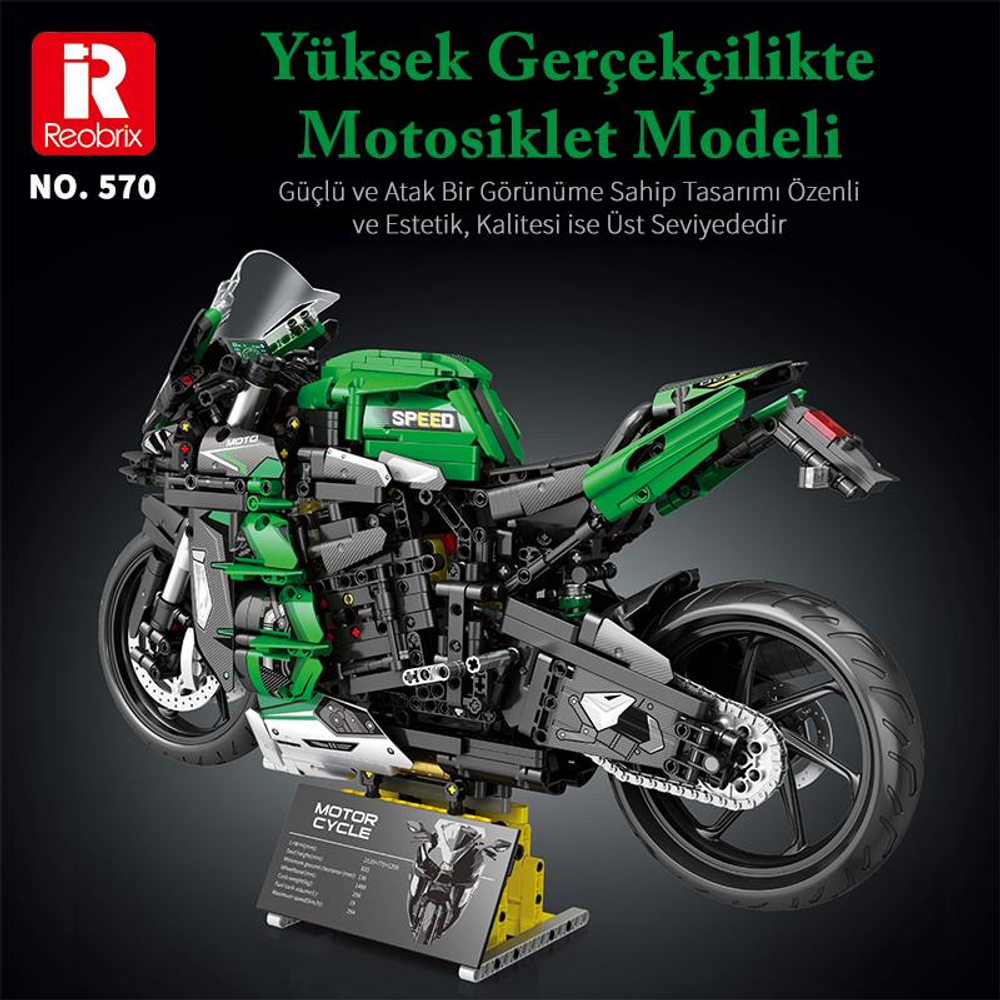Yeşil ve siyah oyuncak motosiklet modeli sarı stantta sergileniyor.