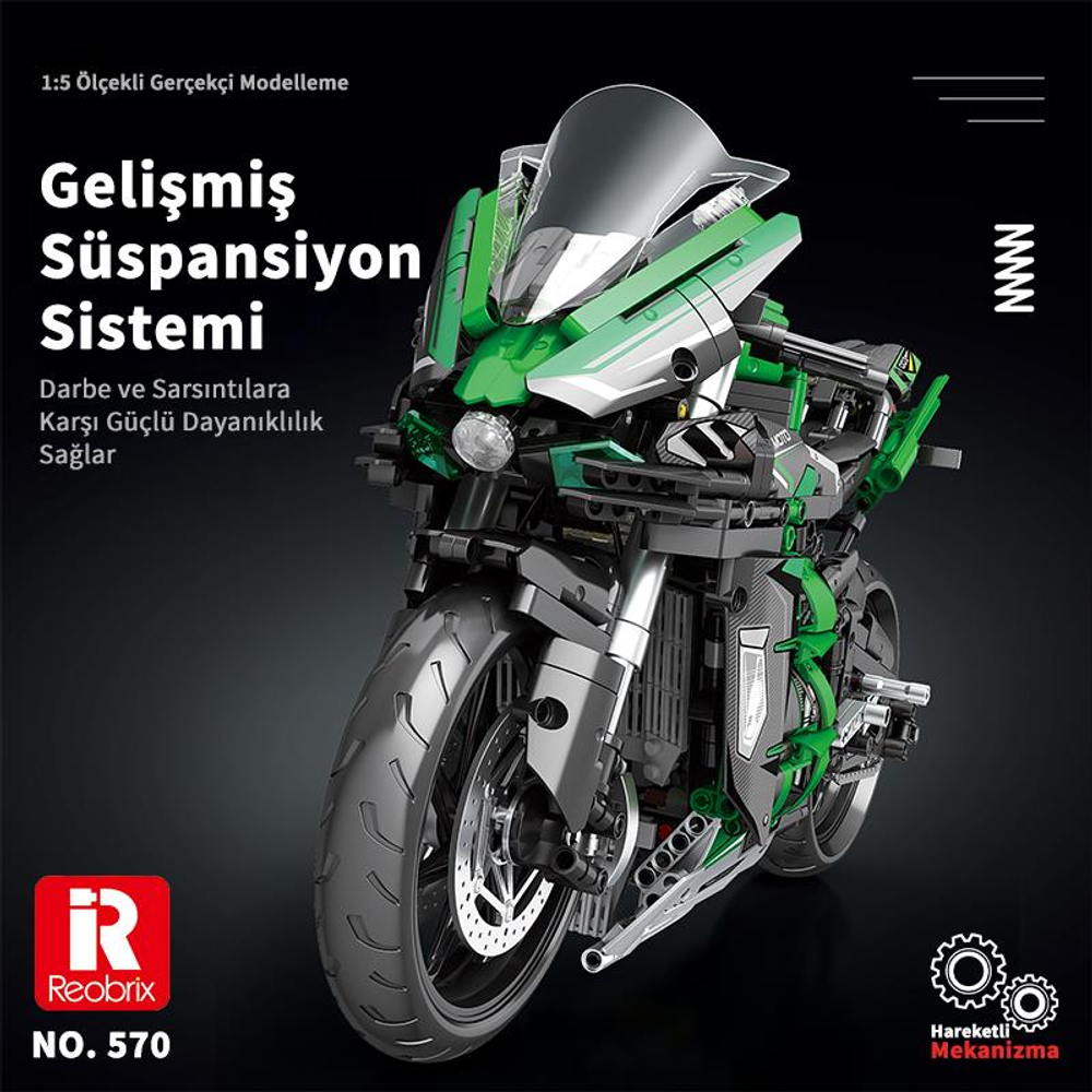 Detaylı süspansiyon sistemine sahip yeşil ve gri model motosiklet.