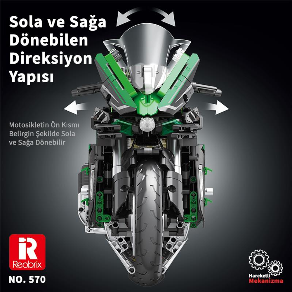 Yeşil ve siyah motosiklet modeli, sola ve sağa hareket eden yönlendirilebilir ön kısmıyla gösteriliyor.