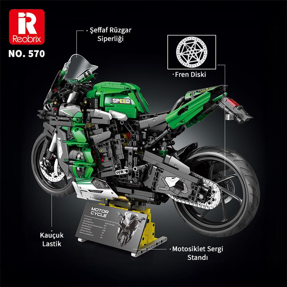 Sarı stand üzerinde yeşil, tuğla yapılı motosiklet, tekerlekler ve ön cam gibi detaylı parçalar.