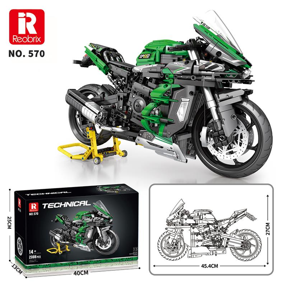 Standda yeşil ve siyah model motosiklet, kutusu ve şemasıyla.