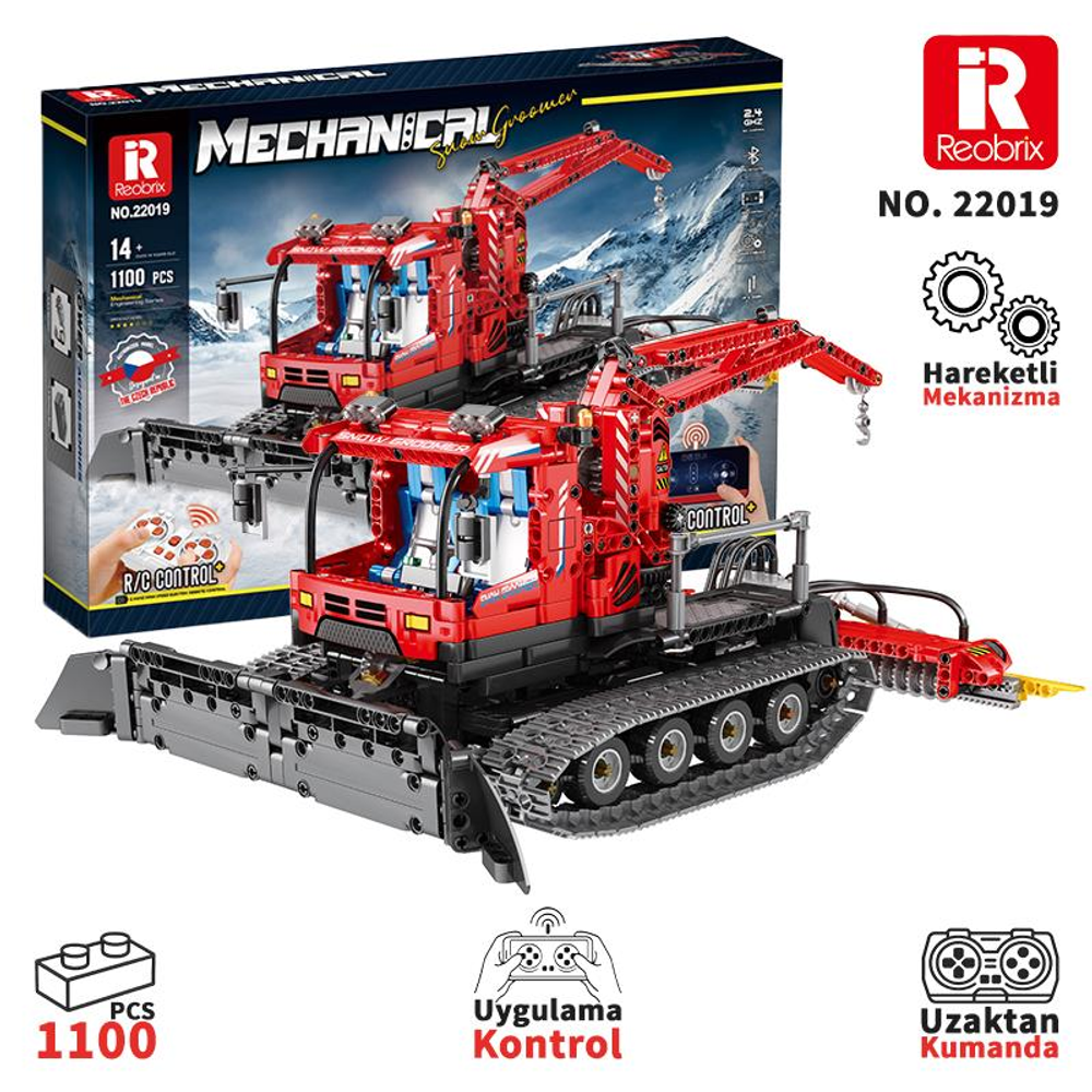 Vinçli iki kırmızı RC yapım kiti kar temizleme aracı, 1100 parça, kutusu üzerinde.