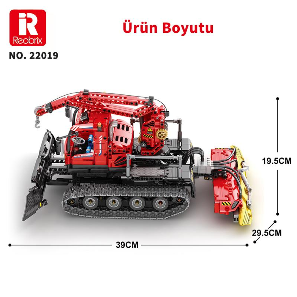 Boyutları olan beyaz zeminde paletli kırmızı vinçli araç.