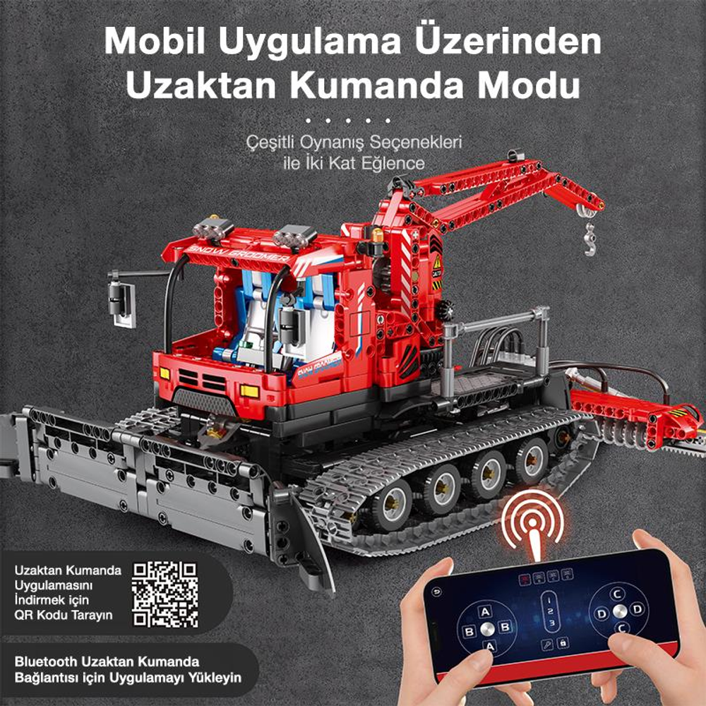 Gövde ve vinçli kırmızı uzaktan kumandalı inşaat aracı, akıllı telefonlu eller tarafından tutuluyor.