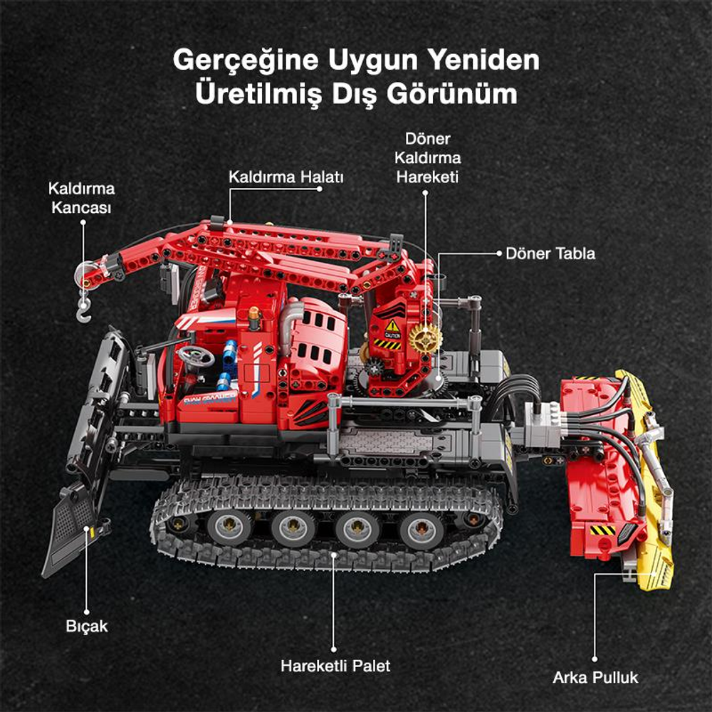 Geniş açılı kırmızı vinçli ekskavatör. Detaylı görünümlü, etiketli.