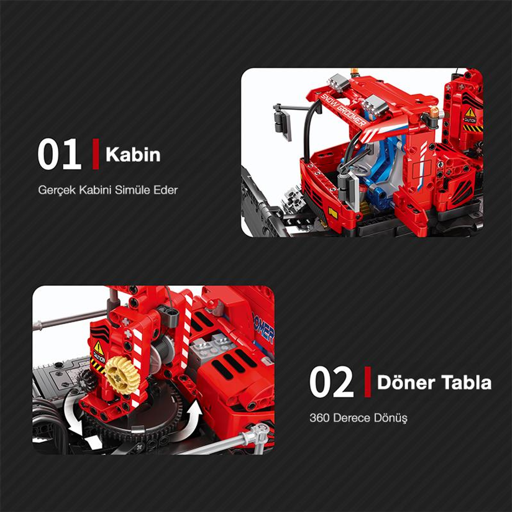 Kabin ve döner tabla yakın çekimleriyle kırmızı oyuncak kar araci yapım kiti.