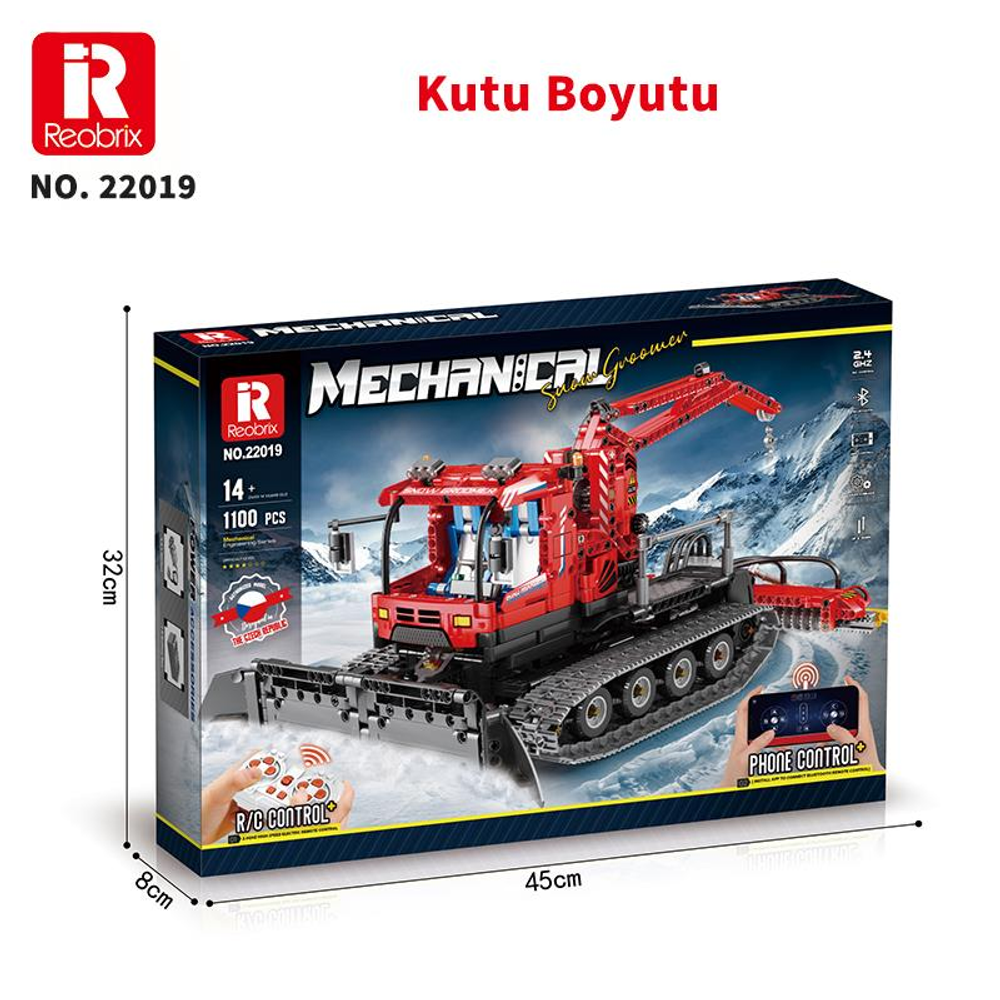 Kırmızı kar aracı yapım seti kutusu, vinçli ve paletli.