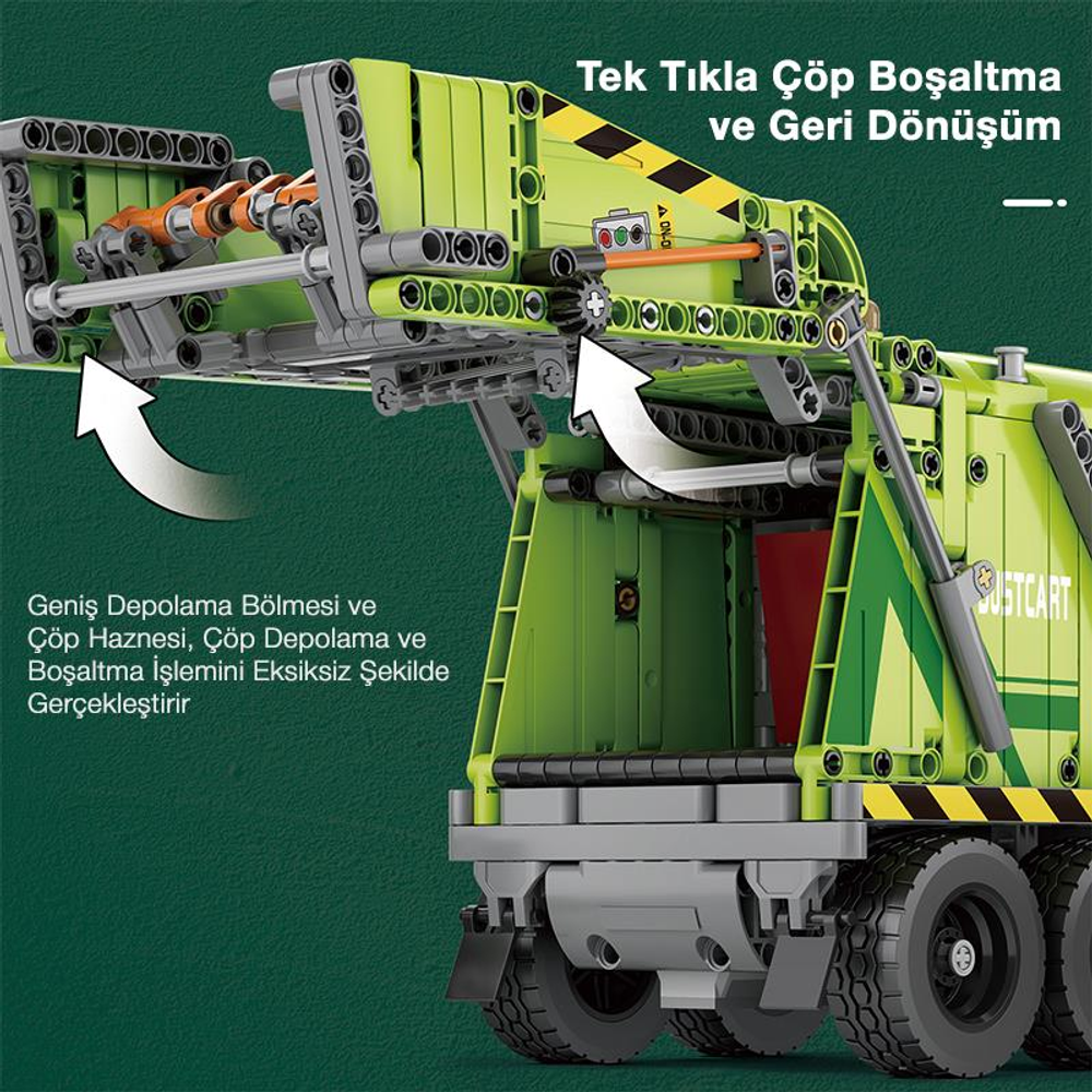 Eğilme fonksiyonunu gösteren oklarla yeşil plastik oyuncak çöp kamyonu.