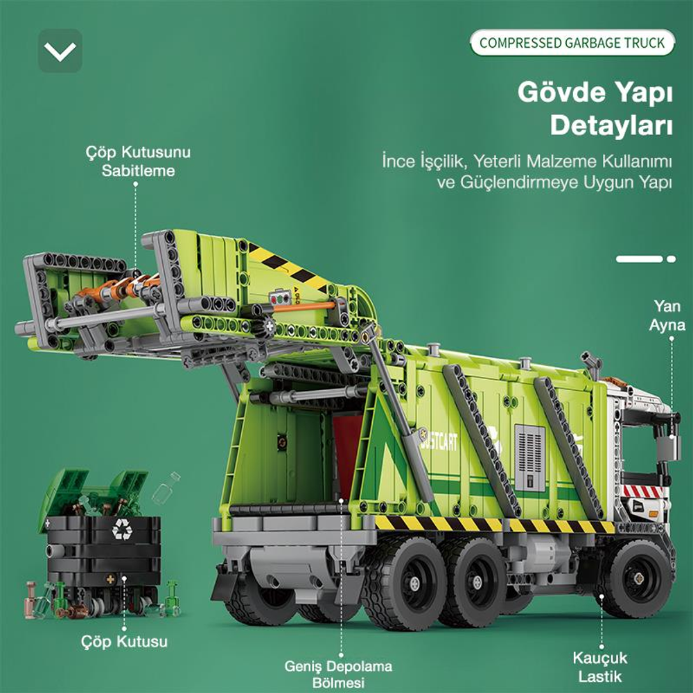 Yan görünüm ve ayrı çöp kutusu olan yeşil çöp kamyonu oyuncak modeli.