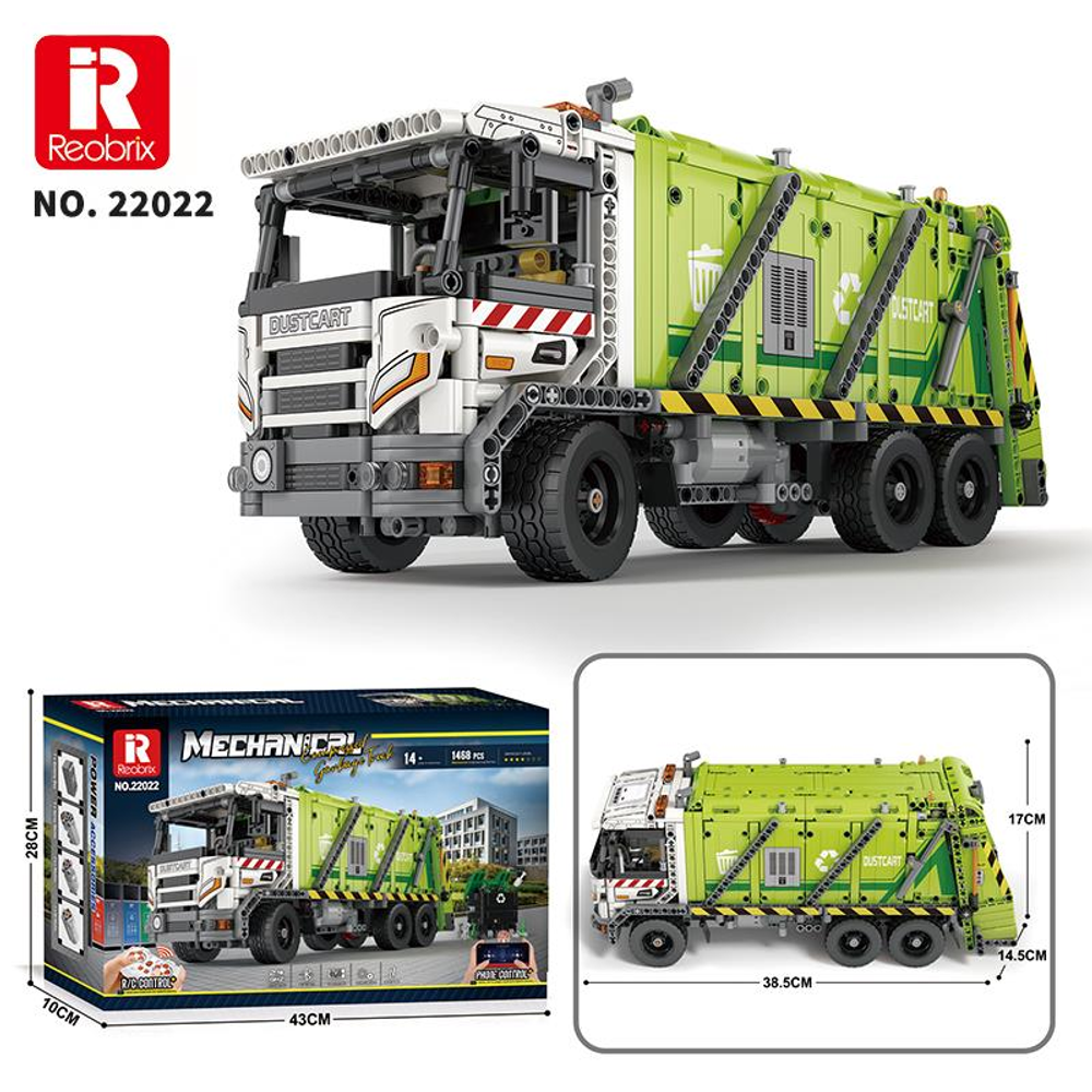 Detaylı tekerlek ve gövdeye sahip yeşil ve beyaz bir Reobrix çöp kamyonu modeli.