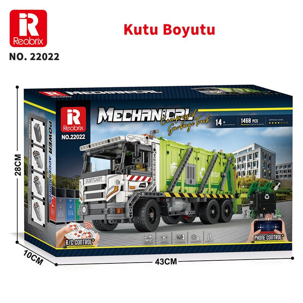 Reobrix çöp kamyonu yapım seti kutusu, 1468 parça, uzaktan kumandalı.