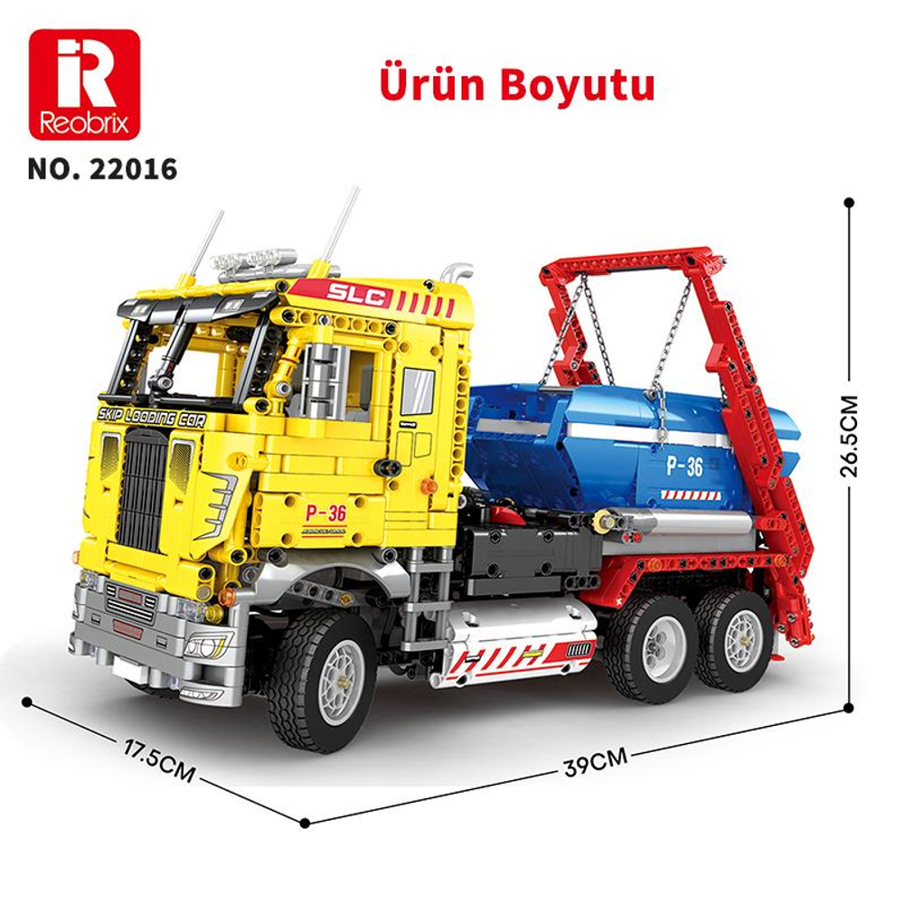 Yükleme konteynerli sarı kamyon, boyutları gösteriliyor.