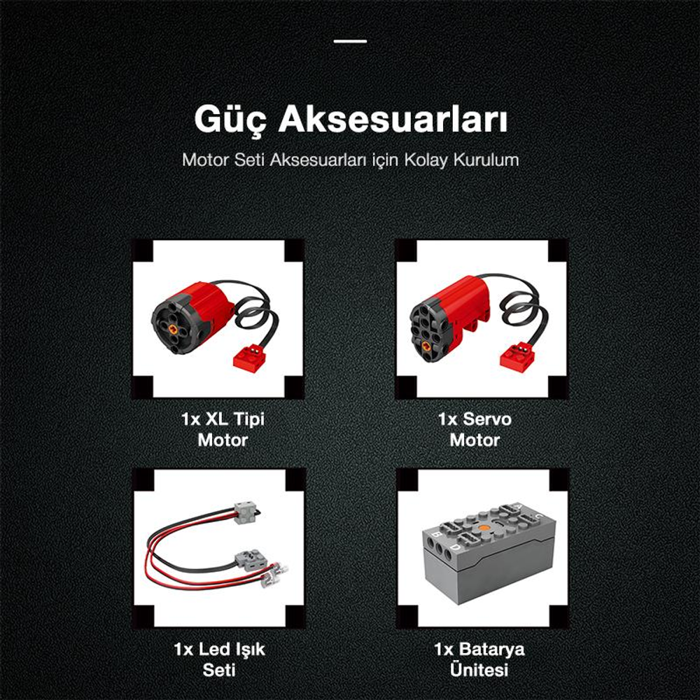 XL Motor, Servo Motor, LED Işık Seti, Batarya Ünitesi.