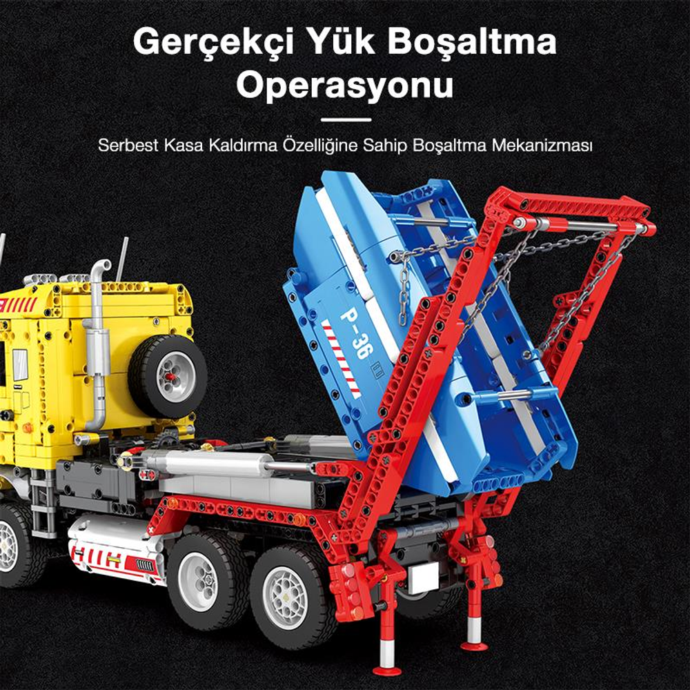 Kaldırılmış mavi damperli römorklu sarı kamyon ve kırmızı kaldırma mekanizması.