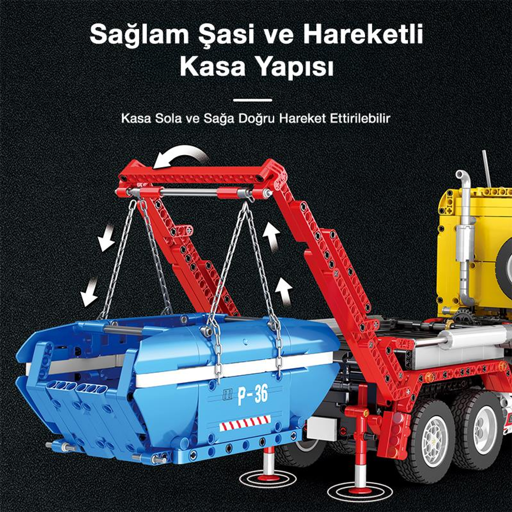 Kırmızı bir vinç, P-36 yazılı mavi bir kasayı kaldırıyor. Arkada sarı bir kamyon var.