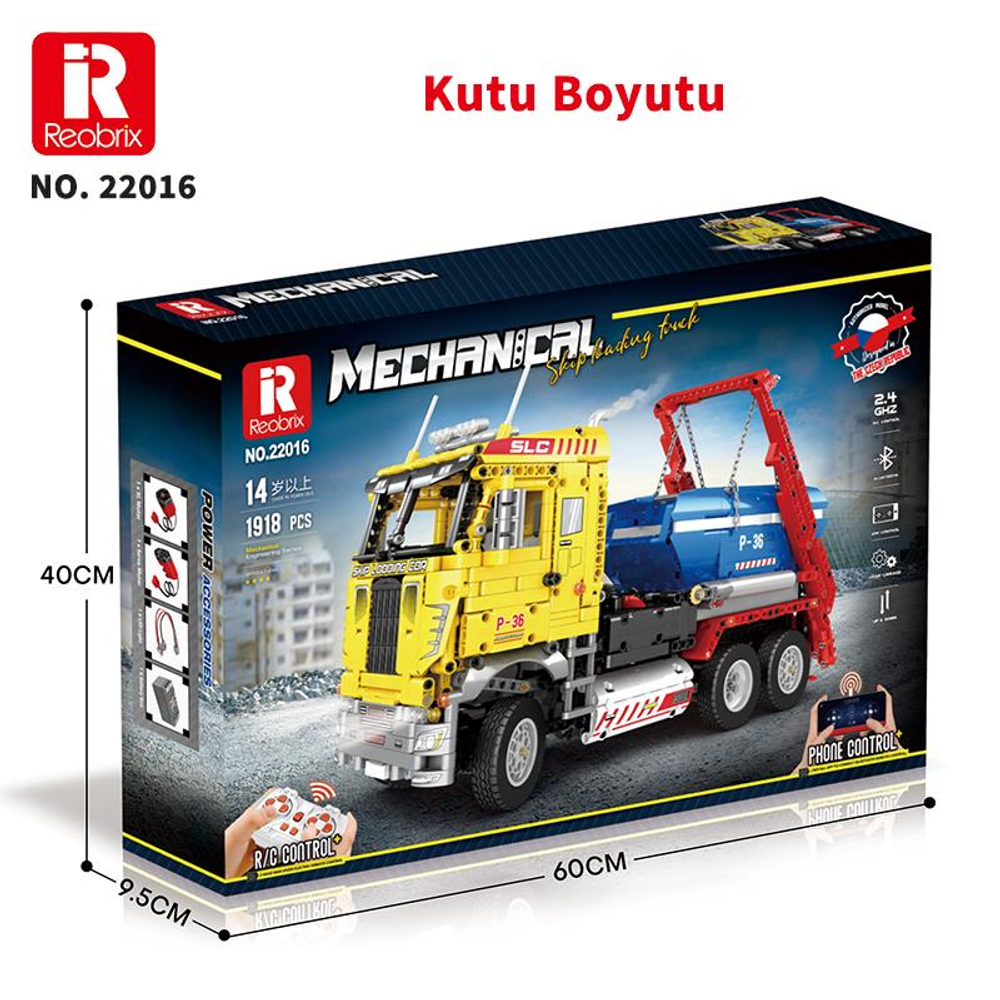 Uzaktan kumandalı sarı ve mavi oyuncak çekici kutusu.