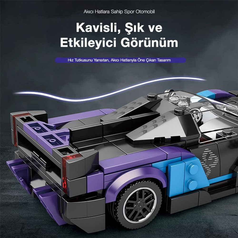 Mor ve siyah, yapı bloklarından yapılmış oyuncak spor araba.