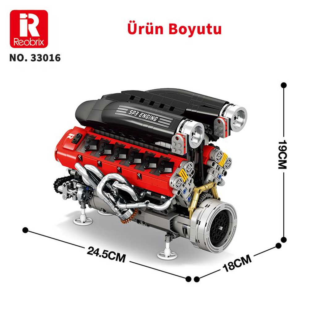 Gümüş borularla kırmızı ve siyah V8 motor modelinin ayrıntılı bir kopyası.