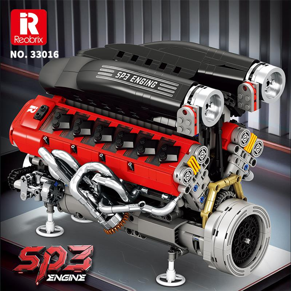 Kırmızı, siyah ve gümüş parçalara sahip ayrıntılı bir model motor. Reobrix logosu görünür.