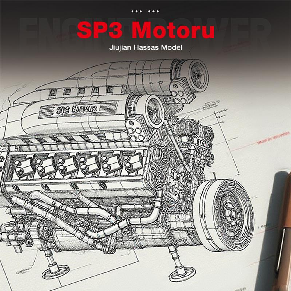 Çok sayıda boru ve tekerleğe sahip karmaşık bir motorun detaylı planı. Metin 'SP3 Motoru' yazar.