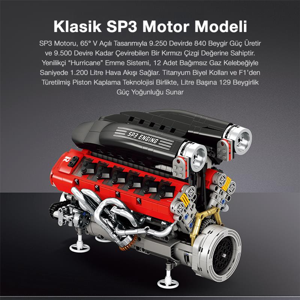 Gümüş borulu, kırmızı ve siyah V8 motorlu detaylı bir model.