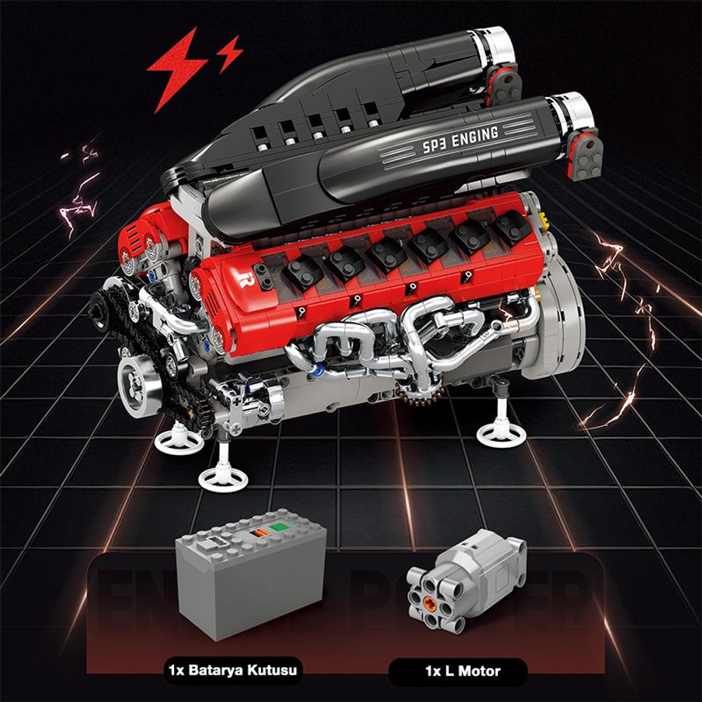 Kırmızı ve siyah parçalar, kablolar ve dişlilerle V8 motorunun ayrıntılı bir modeli.