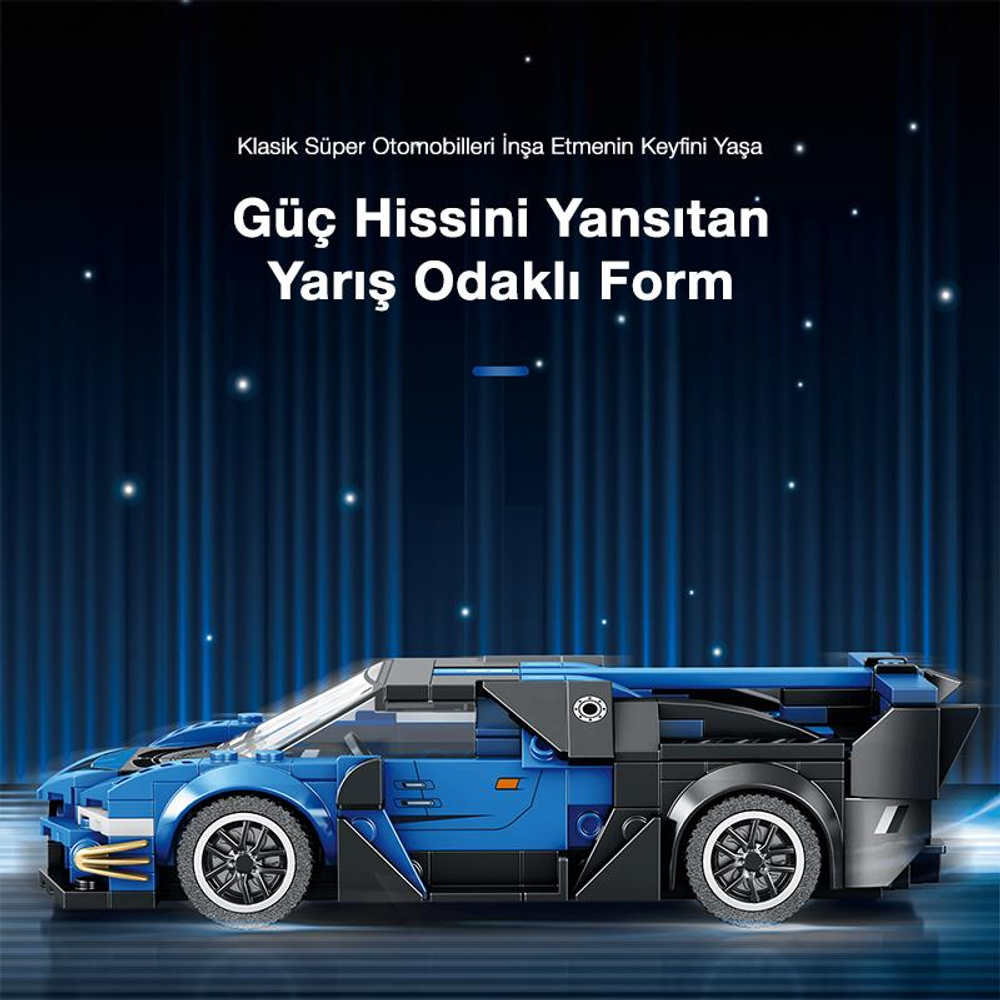 Detaylı çizgileri ve tekerlekleri olan mavi ve siyah Lego yarış arabası.