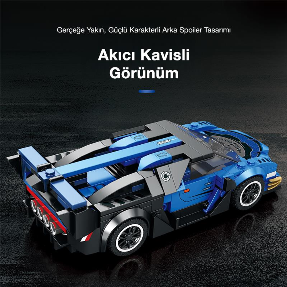 Koyu arka plan üzerinde spoylerli mavi ve gri Lego spor araba.