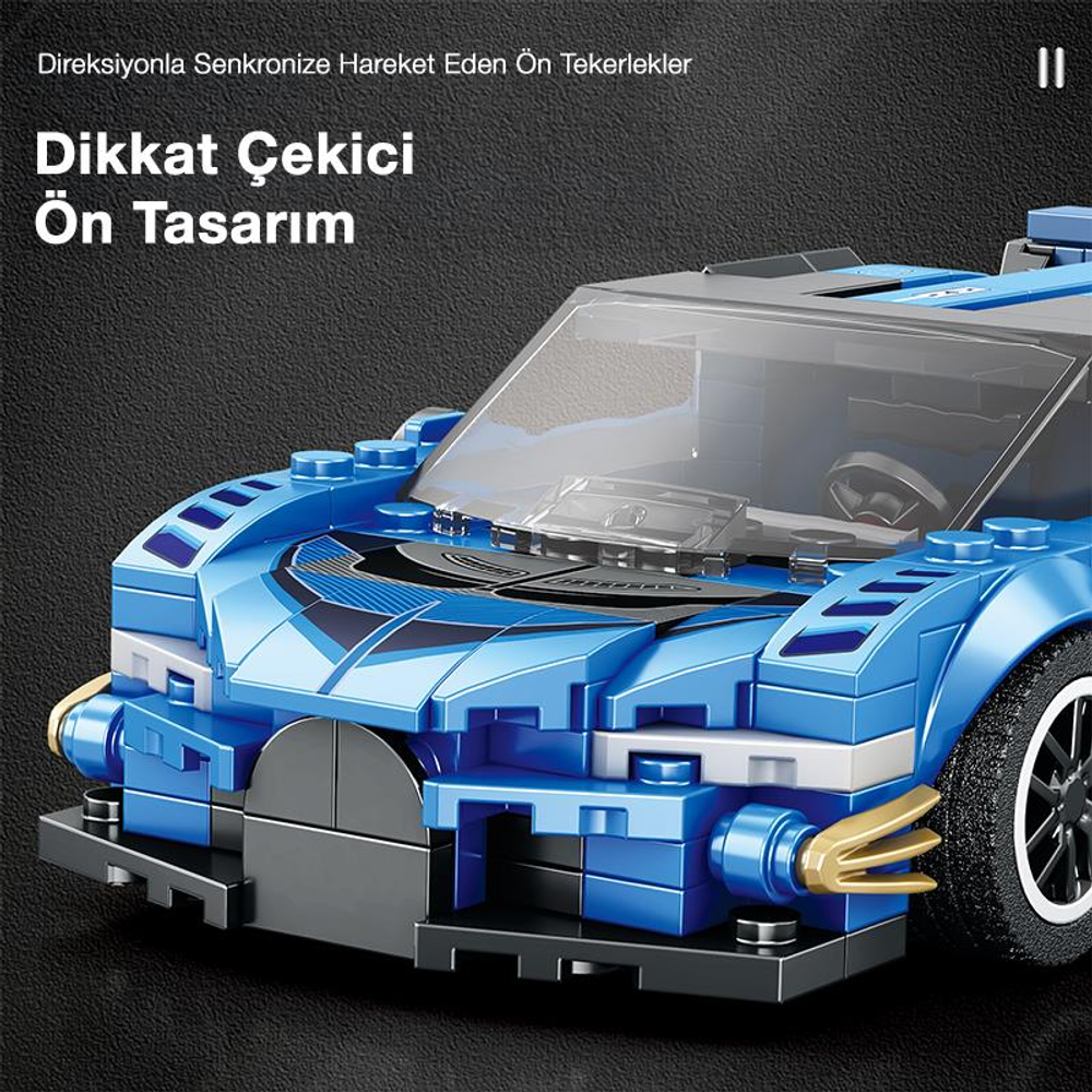Görünür direksiyon simidi ve ön süspansiyon detayına sahip mavi Lego yarış arabası.
