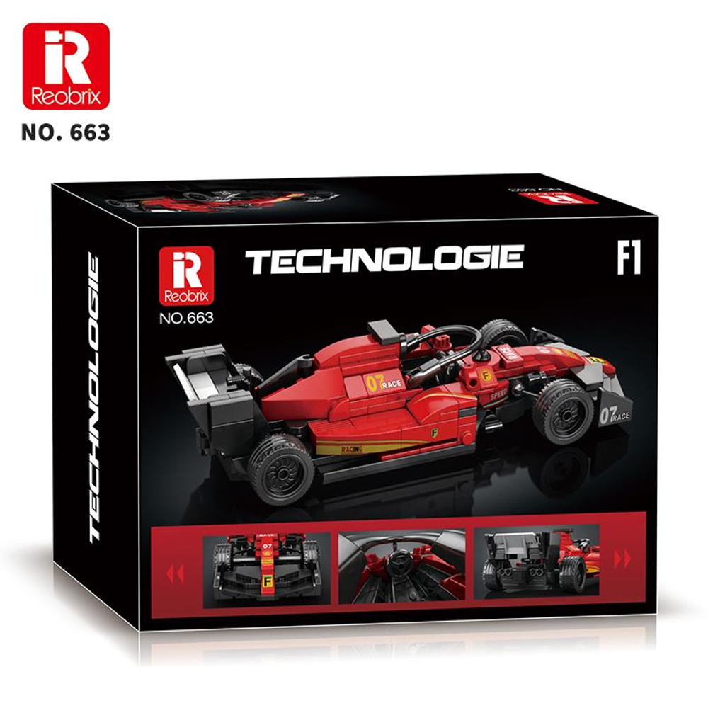 Kırmızı bir F1 yarış arabası yapım kiti, model 663 içeren kutu.