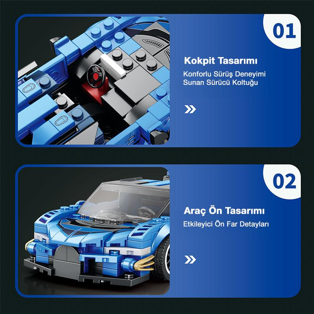 Direksiyon ve koltuklu mavi Lego spor araba iç mekanı.
