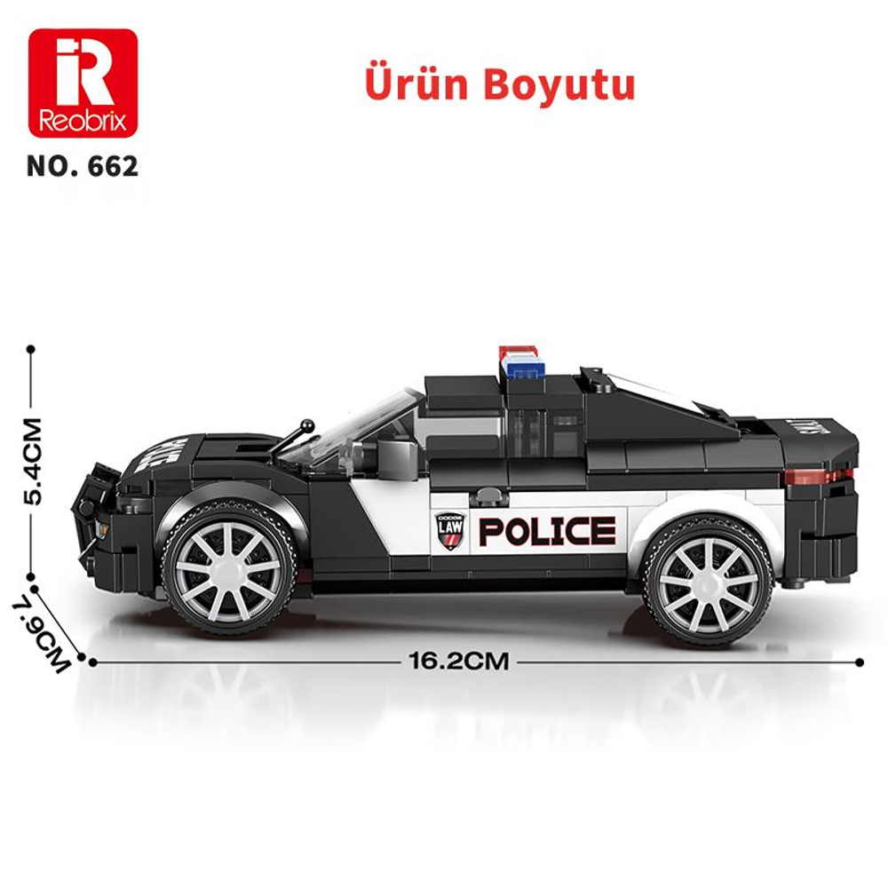 Siyah polis arabası yapım seti boyutları: 16,2 cm U, 5,4 cm Y, 7,9 cm G.
