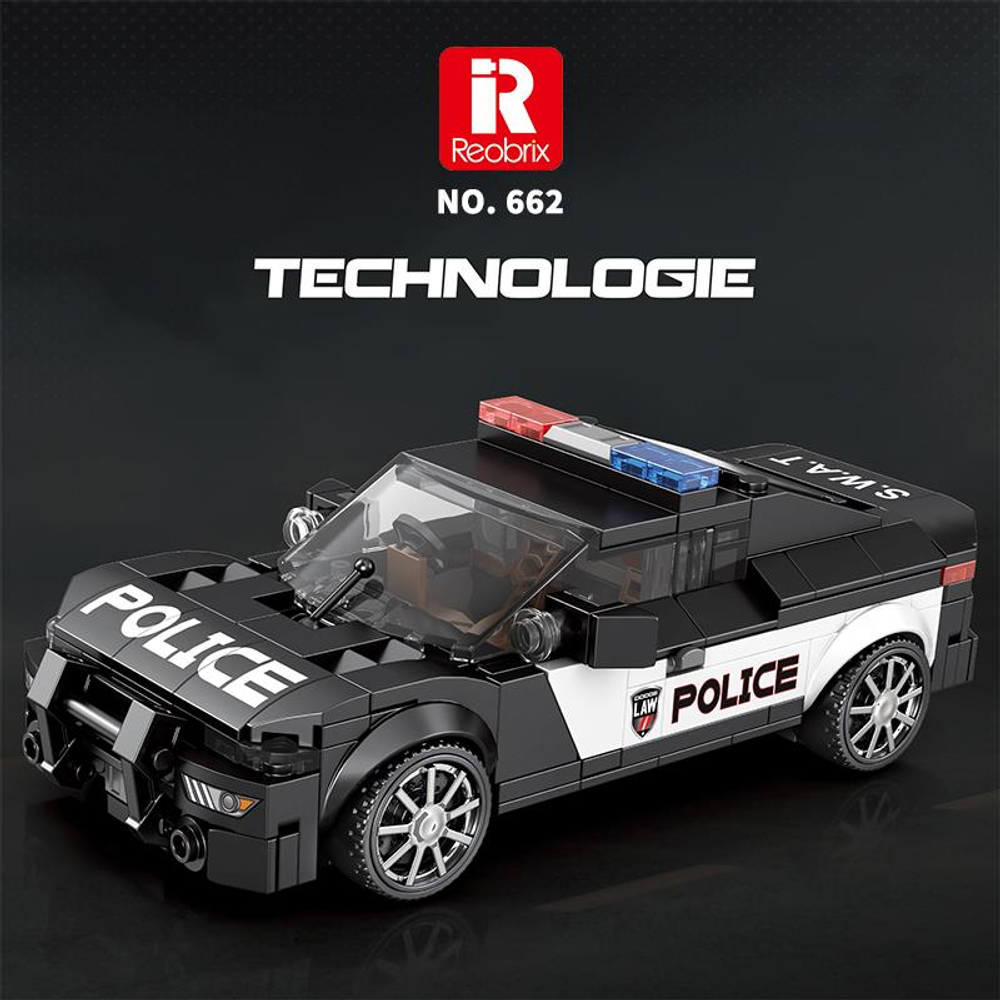 Yanıp sönen ışıklı ve POLİCE yazılı siyah bir Lego polis arabası yapım kiti.