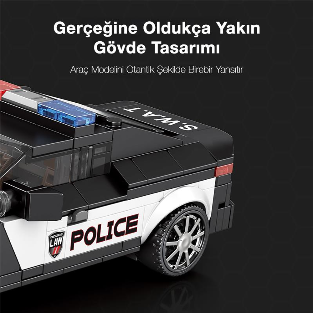 Mavi ışıklara ve kırmızı vurgulara sahip Lego parçalarından yapılmış bir SWAT polis aracı.