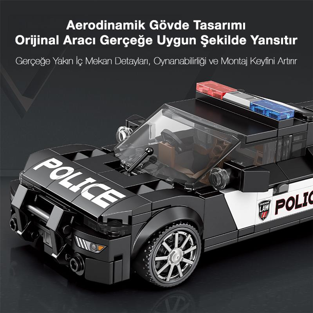 Kırmızı ve mavi ışıklı siyah bir Lego polis arabası oyuncağı.