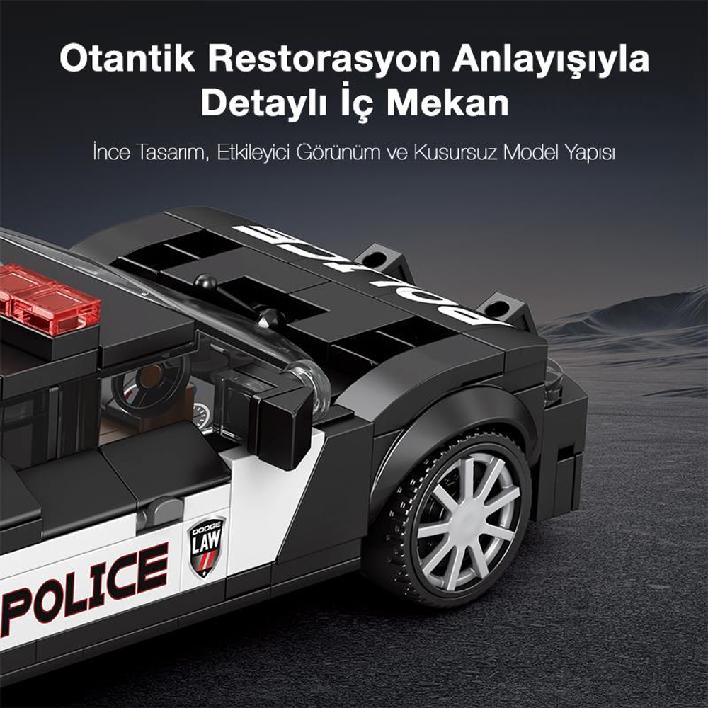 Kırmızı ışıklı ve 'POLICE' yazılı siyah bir Lego polis arabası modeli.