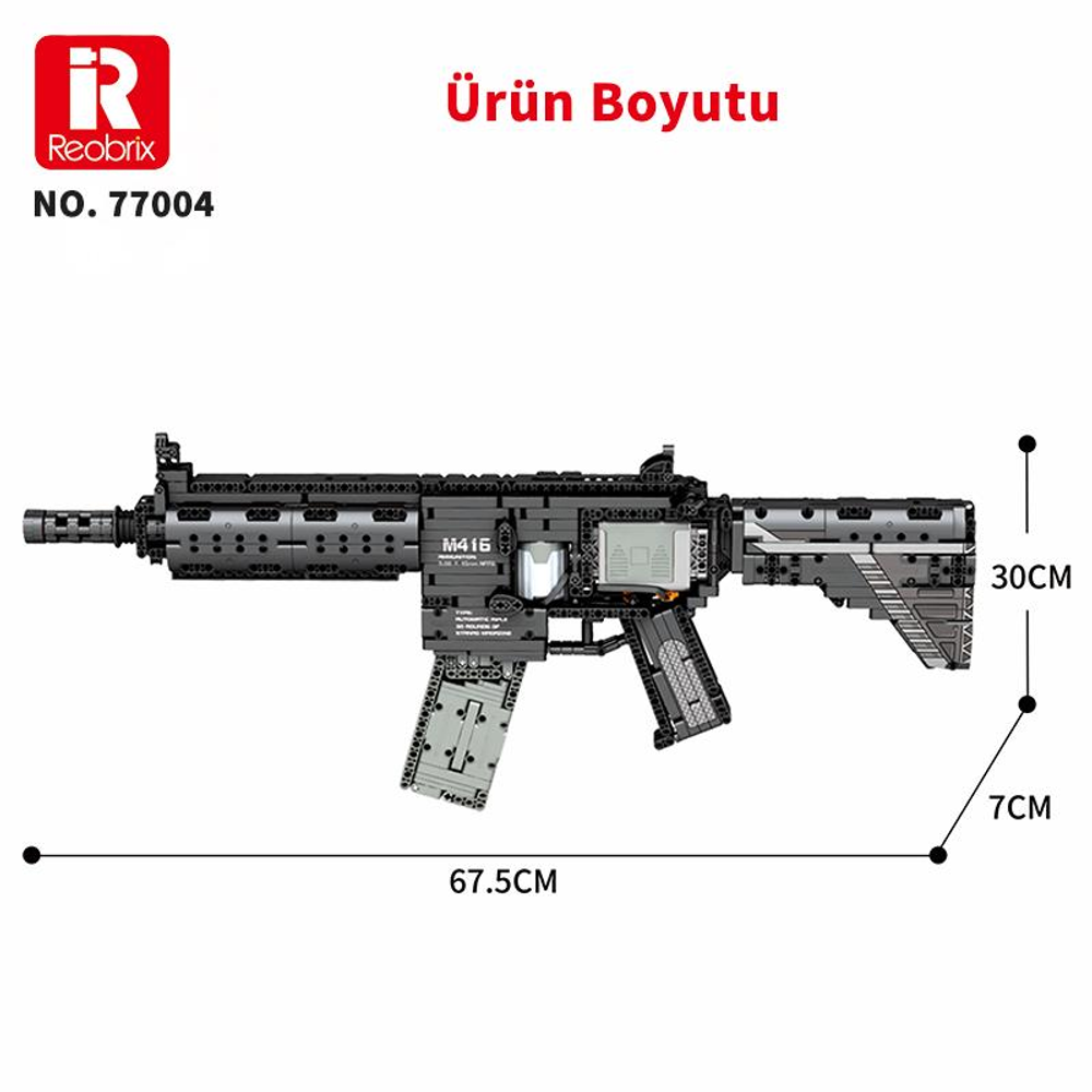 67,5 cm uzunluk ve 30 cm yüksekliğe sahip siyah bir M416 modeli.
