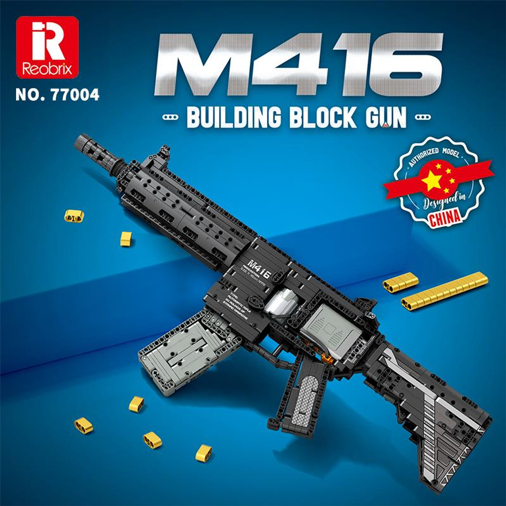 Mavi arka plan üzerinde detaylı M416 yapım parçası silah, küçük altın parçalarla.
