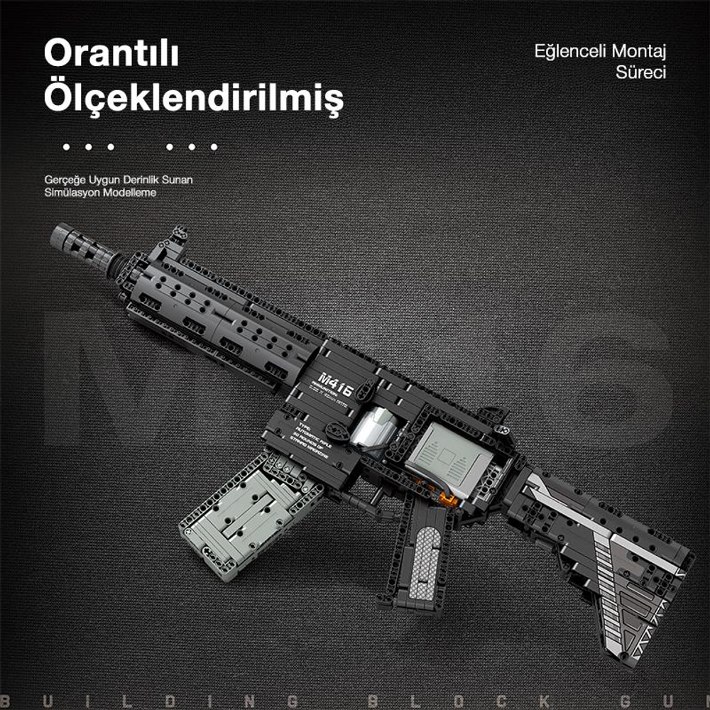 Koyu arka plan üzerinde gri M416 yapım kiti modeli, detaylı.