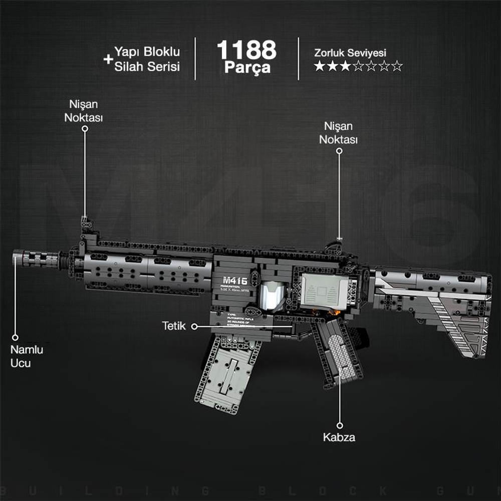 Namlu, nişan, tetik ve kabza etiketli gri M416 yapboz model silah.