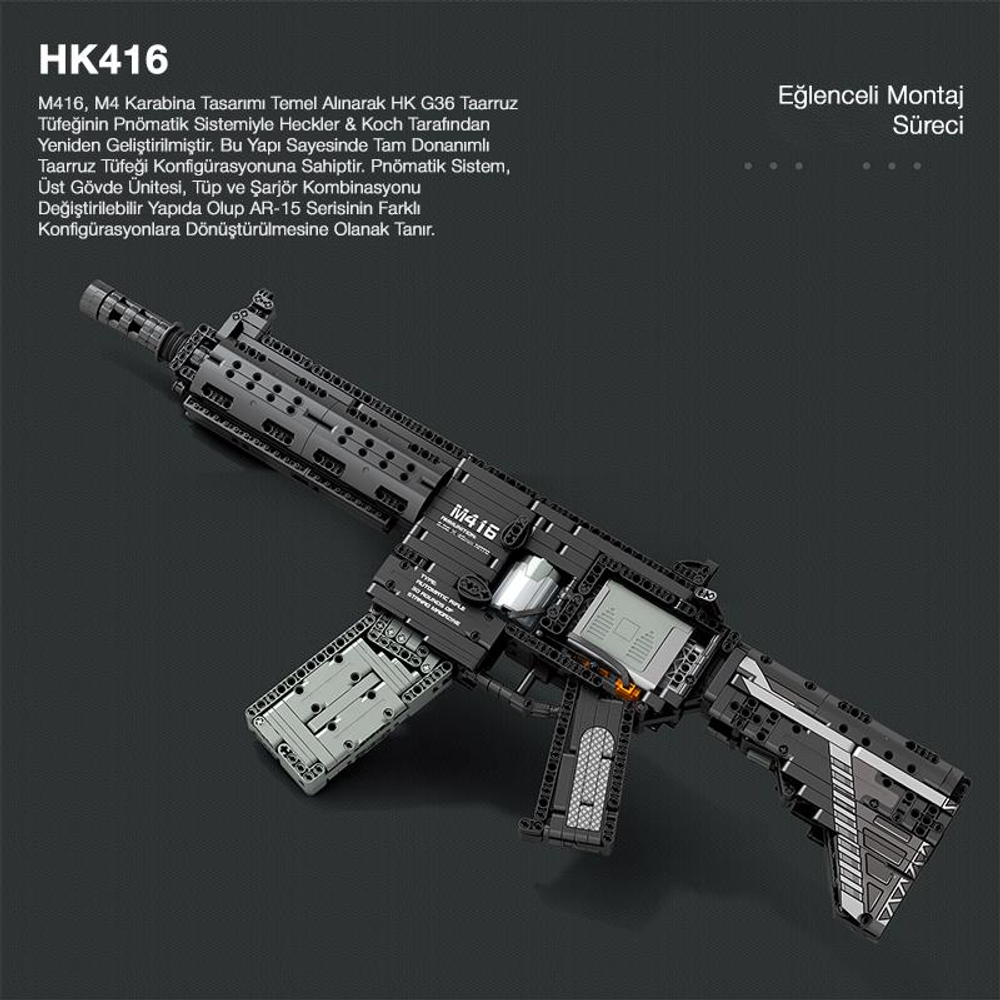 Yapı taşlarından yapılmış detaylı gri ve siyah bir HK416 saldırı tüfeği modeli.