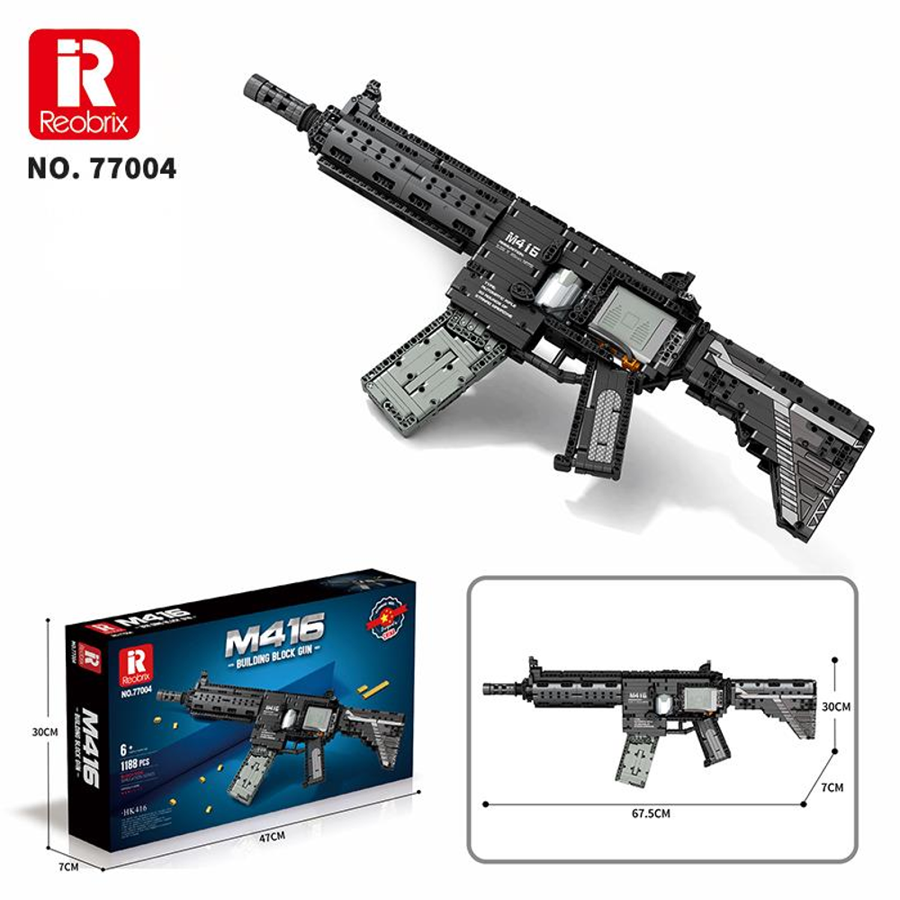 Gri ve siyah M416 yapboz silahı, kutusu ve boyutlarıyla gösteriliyor.