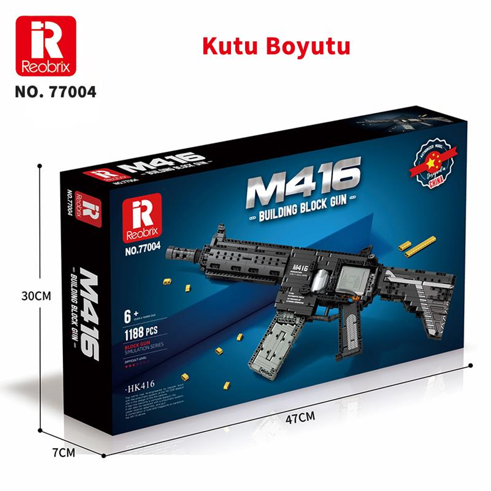 M416 yapım kiti kutusu, model ve boyutları gösteriyor.