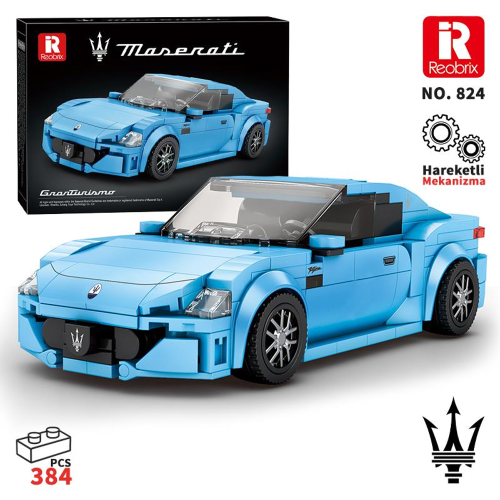 Açık mavi Lego Maserati model araba, kutusu ve 384 parçasıyla.