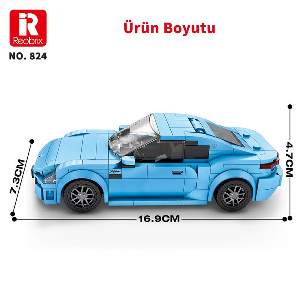 16,9 cm x 7,3 cm x 4,7 cm boyutlarında açık mavi oyuncak araba.