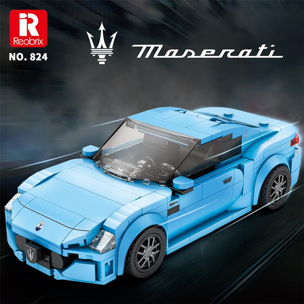Koyu, dinamik bir arka plan üzerinde yapı taşlarından yapılmış açık mavi bir Maserati oyuncak araba.