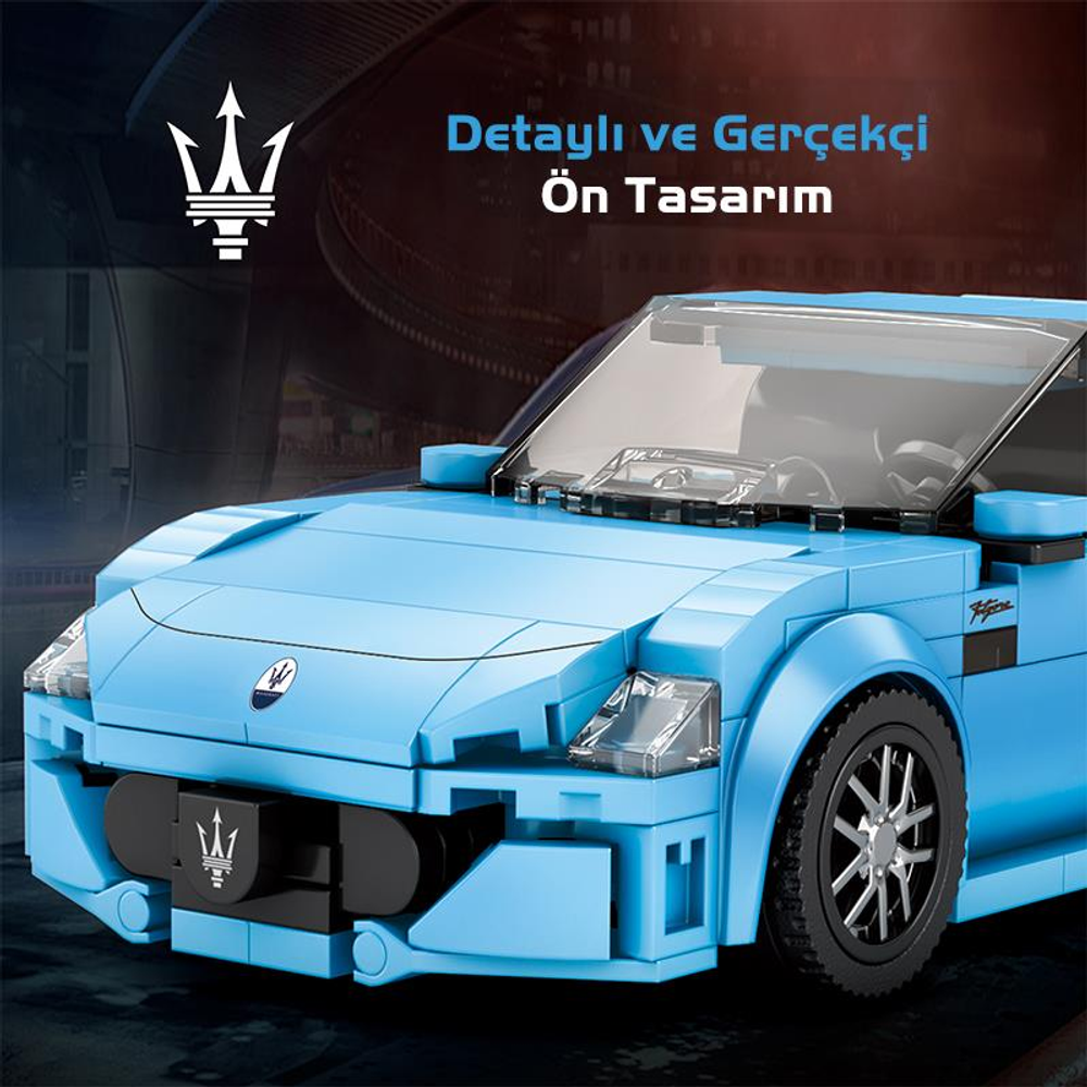 Maserati logolu mavi Lego spor araba, detaylı tasarım.