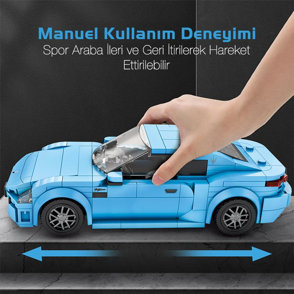Bir el mavi oyuncak spor arabayı ileri itiyor. Oklar hareketi gösteriyor.